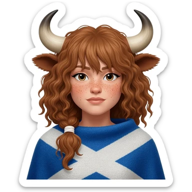 buff curly woman with freckles with messy light brown bangs covering the eyes with cow horns and cow brown ears with ribbon in her hair with body covered in Scottish flag like a blanket sticker