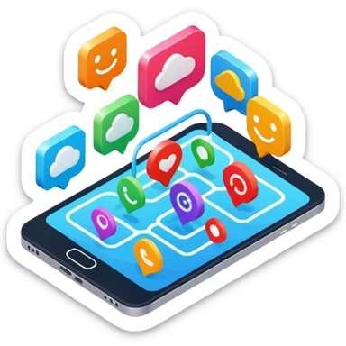 isometric, image of multi-channel experience with Teams, Mobile, Chat, Portal sticker