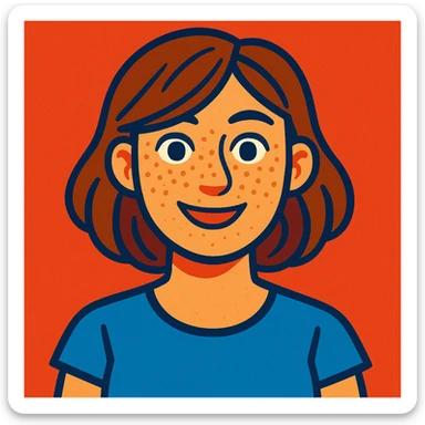 portrait of a white woman with freckles, shoulder-length brown hair, colorful cartoon style sticker