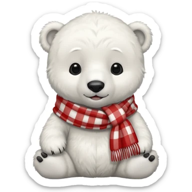 baby polar bear wearing a red and white checkered scarf sticker