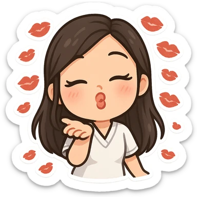 3D chibi bitmoji style sticker of a girl with long dark hair, white medical top, kissing the viewer, lots of kiss marks, white outline, transparent background sticker
