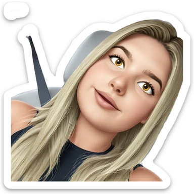 blonde girl beside a vehicle sticker