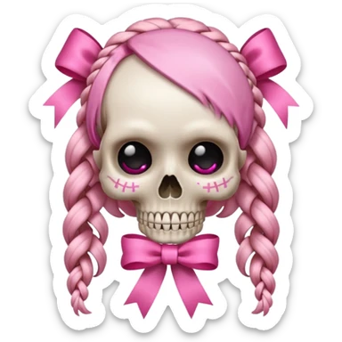 skull emoji with pink ribbon pookie and two braids sticker