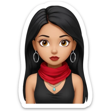 a pretty bratz dusky girl with long black hair, kajal under eyes, small silver hoop. black tank top on. Red scarf around neck sticker