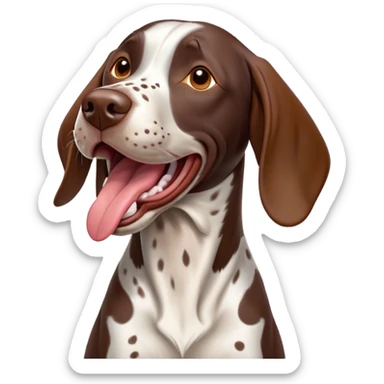Cinematic Comical German Pointer Dog Portrait Emoji, Head tilted dramatically while yawning exaggeratedly, sleek brown and white coat with subtle spots, Simplified yet hilariously adorable features, highly detailed, glowing with an almost sarcastic glow, high shine, a mix of lazy and disinterested, stylized with a touch of playful whimsy, bright and alert but with a hilariously bored expression, soft glowing outline, capturing the essence of a mischievous yet overly dramatic dog, so meme-worthy it feels like it could leap off the screen and sarcastically demand attention, perfect for the internet's next viral meme! sticker