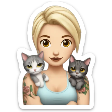 White Girl with tattoos holding 2 fat cats sticker