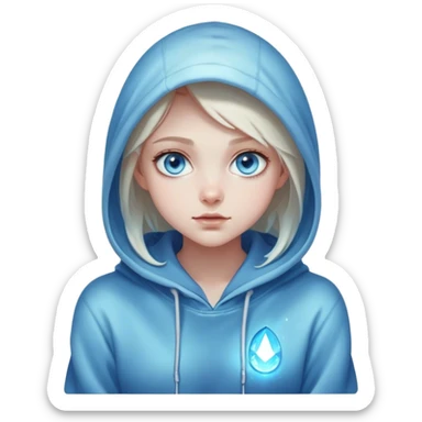 Cinematic girl with large sparkling blue eyes wearing a hoodie sitting, Ultra realistic 32k HD, hauntingly beautiful, Balanced features, highly detailed, glowing, high shine, enchanting, ghostly, dreamy glow, complex pose. The image is so lifelike it could leap off the canvas at any moment sticker