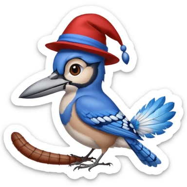 a blue jay wearing a hat, holding a worm sticker