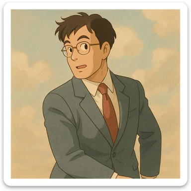 a business man turning his body, ghibli style, suit and tie, soft colors sticker