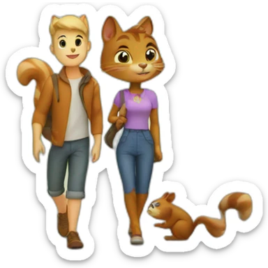 a cat and a squirrel walk in the park sticker