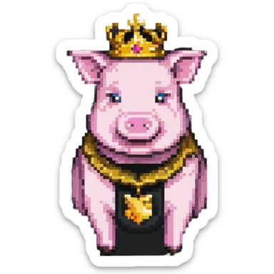 Minecraft style pig with a golden crown, inspired by Technoblade, inside a Minecraft castle sticker