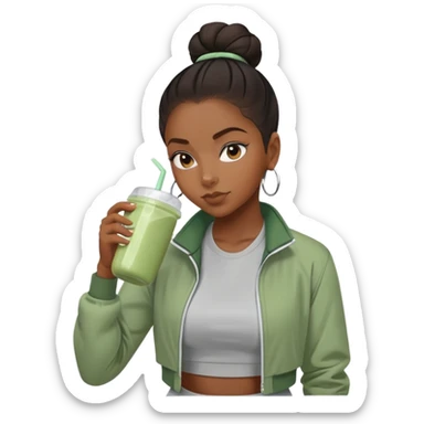 Black girl with sage green jacket drinking pre workout shake middle part slick back bun sticker