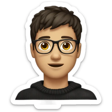A young man with dark brown hair half-long on top and shorter on the sides with a bang. He has square glasses. He has a black sweater. He also has dark brown eyes sticker