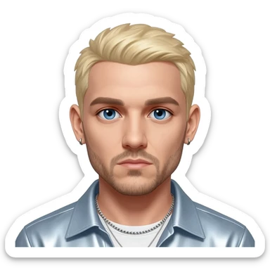 Eminem with blue eyes, blonde hair, light steel blue metallic shirt, silver necklace and short earrings sticker
