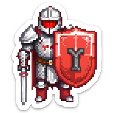 Knight with red and black armor holding a shield with the letter M on it sticker