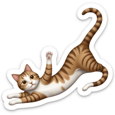 dark brown tabby and white cat with doing a big extremely long stretch reaching up into the air with arms and legs side by side together straight and overextended whilst lying on its side sticker