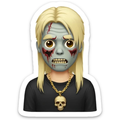 make a iphone emoji who is a zombie man with long blonde hair with light brown roots, with a black punk shirt and a golden neckless sticker