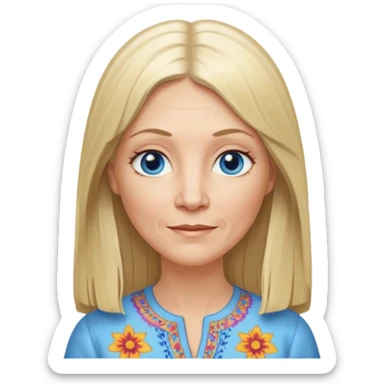 50 yr old white woman, hippie part bangs, very long straight blond hair, oval face, small smile, blue eyes, thin face, hair downback, hair parted at center of head, round cheeks, pale, longer hair, dress shirt sticker