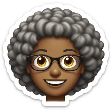 young black lady with bi eyes and big grin, short afro hair and glasses on sticker