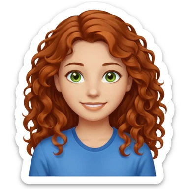 girl with brown hair, green eyes with a blue shirt no background ,young with curly hair smileing long hair not so curly and orange sticker