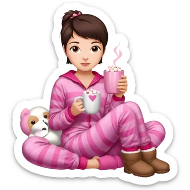 Brunette girl pixiecut Hair Brown aesthetic Victoria's Secret pajama set, Ugg boots, holding hot chocolate with pink and Red marshmallows, cozy and cute sticker