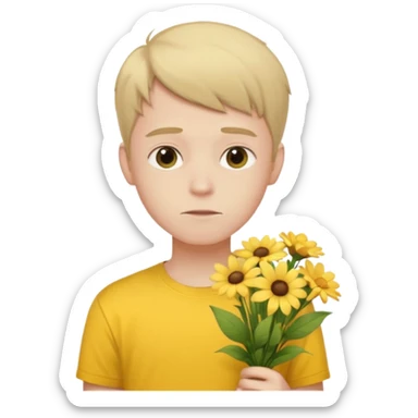 generate an ios genmoji of a 20 year old fair boy with faint upper lip hair (brown). should look like he cant grow a mustache., carrying a flower bouquet, wearing a yellow tshirt, looking shy sticker