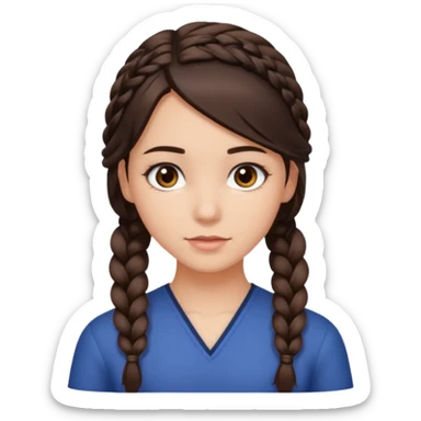 Draw me a brunette girl, with medium-length hair, dark brown eyes, and a side braid sticker