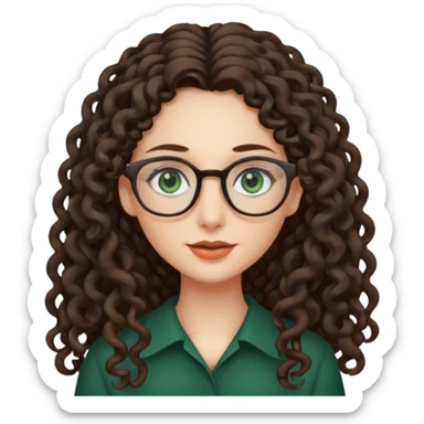 rapariga, olhos verdes escuros, cara comprida, cabelos muito compridos aos caracóis, com óculos sticker