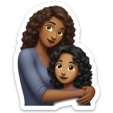 a brown woman with long brown curly hair hugging a younger girl with mid length black hair sticker