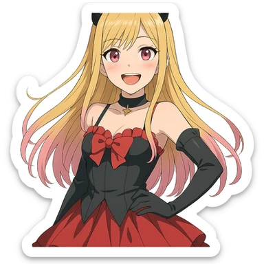 Marin Kitagawa, smiling, wearing cosplay outfit, long blonde hair with pink tips, vibrant anime style sticker