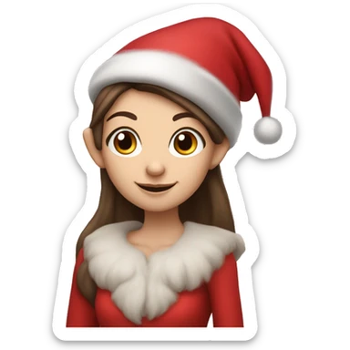 Brunette pale girl elf with red clothes and rosy cheeks With Santa hat sticker