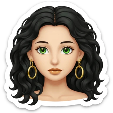 Attractive wavy black long hair with green eyes and gold hoop earrings  sticker