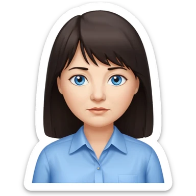 50 yr old woman, blue eyes, long straight dark brown hair, business shirt, chubby, bangs sticker