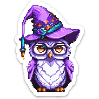 owl with a purple wizard hat and glasses pixel art sticker