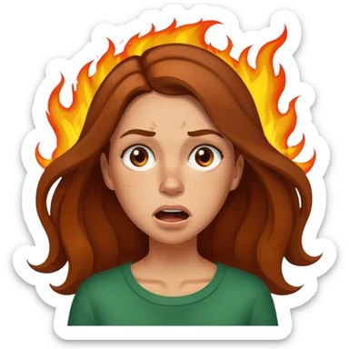 Woman with hair on fire looking stressed and panicked with brown shoulder length hair—longer hair please and light skin—an Irish gal sticker