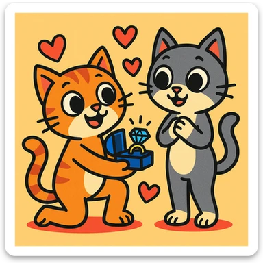 one happy cat on one knee proposing to another happy cat, both with big eyes, hearts around them sticker