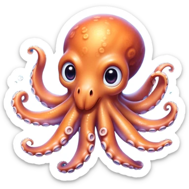 Cinematic Cute Octopus Portrait Emoji, Head tilted playfully and inquisitively, featuring a charming, rounded body with soft, shimmering skin and eight expressive, gently curling arms with playful suckers, with round, sparkling eyes full of wonder, Simplified yet irresistibly adorable features, highly detailed, glowing with a warm, inviting underwater glow, high shine, affectionate and lively, stylized with a touch of whimsical marine charm, soft glowing outline, capturing the essence of a mischievous yet loving octopus that seems as if it could float out of the screen into your arms! sticker