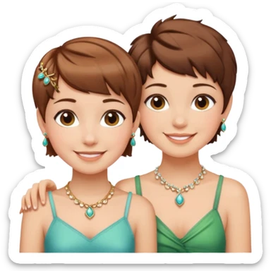 Fair skin and brown colored besties with brown hair pixie cuts wearing jewelry  both brown hair  sticker