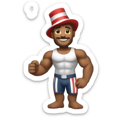 Create a full-body emoji of a muscular man, wearing a New Year's hat and holding a flag. sticker