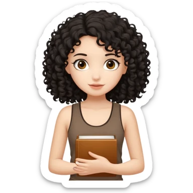 a pretty bratz fair girl with black curly hair in a brown tank top holding a book sticker