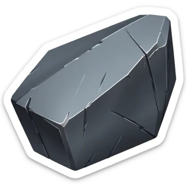 Cinematic Realistic Iron Ore, Strong and solid, with a dark, heavy surface marked by sharp angles and a faint metallic sheen. The deep gray color radiates durability and strength, while soft reflections show off the rugged texture. Soft glowing outline, capturing the essence of resilience and rugged strength in raw iron ore. sticker