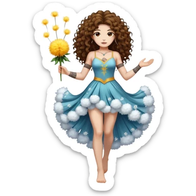 full body woman long curly brown hair brown eyes white skin tattoos muscular build dandelion seed spirit dress made of floating fluff sticker