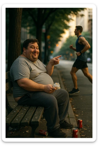 A cinematic urban scene showing an overweight man in his late 30s sitting on a park bench, with a fast food wrapper in one hand and a smirk on his face. He points mockingly toward a fit, athletic person jogging nearby. The man is wearing casual clothes that barely fit — a stretched-out T-shirt and sweatpants — and his posture is slouched. His expression is sarcastic, laughing, but there’s a subtle shadow of insecurity in his eyes. The contrast is clear: the jogger is framed in soft morning light, moving with energy and purpose, while the man on the bench is surrounded by clutter, soda cans, and dim, flat lighting. Shot in 35mm cinematic style, shallow depth of field, with muted tones around the man and vibrant light around the jogger — emphasizing the disconnect between appearance and attitude. sticker