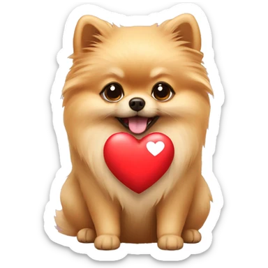 Beige pomeranian holding a heart sticker