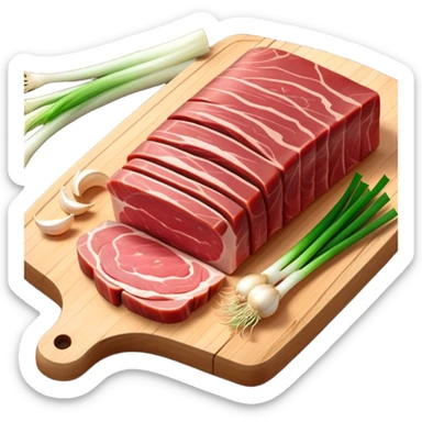 Create an emoji-style illustration of salo (Ukrainian pork fat) in the style of Apple iOS emojis.
The salo should be sliced, slightly glossy, with visible layers of fat and meat. Include a few slices on a wooden cutting board, optionally with garlic or green onion.
Style should match iPhone emoji aesthetics — clean, slightly 3D, soft gradients, no outlines.
Transparent background. High resolution. PNG format. sticker