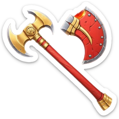 Ares battle axe object icon, ancient Greek war god axe, double-bladed heavy axe, red and gold metal, battle-worn scratches, glowing red accents, 3D cartoon, mobile game icon style, centered, clean background, soft shadow, no text, no watermark

 sticker