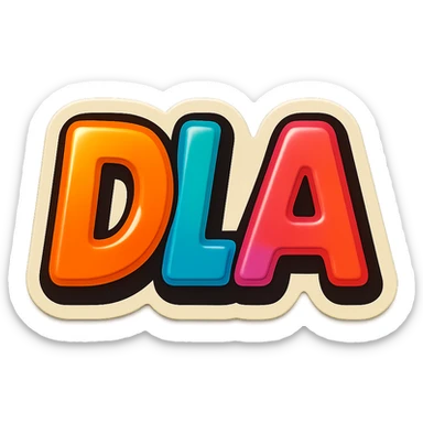 bold retro sticker-style logo with the letters 'DLA' in vibrant playful colors, outlined for a sticker effect, subtle sparkles, slight 80s vibe sticker