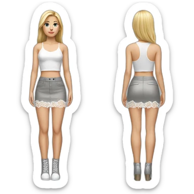 hyperrealistic caucasian female, long straight blonde hair, white lace up crop top, grey mini skirt, body view sticker