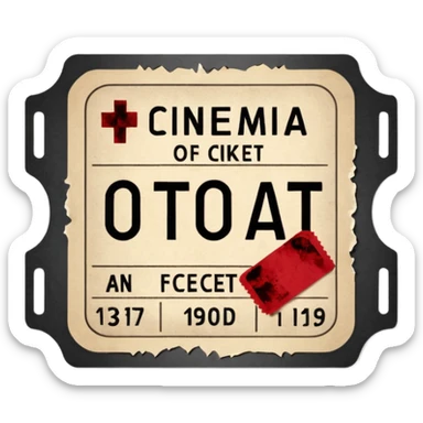 Minimalist emoji-style sticker of an old torn cinema ticket, with faded text “1 билет”, blood-stained edges and burn holes, grayscale paper

 sticker