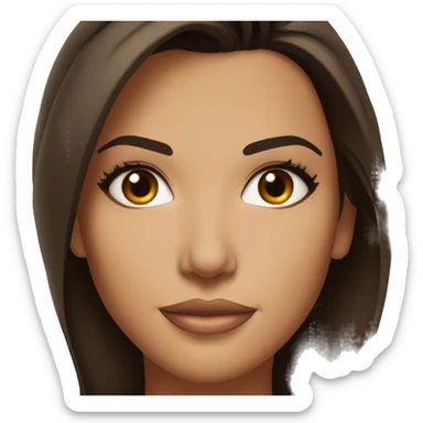 3/4 face, contrasted, shadow, light, Eva Longoria expression, relaxed, thin nose, brunette woman, hazel eyes, long eyelashes, dark shoulder shaded hair, white t-shirt sticker